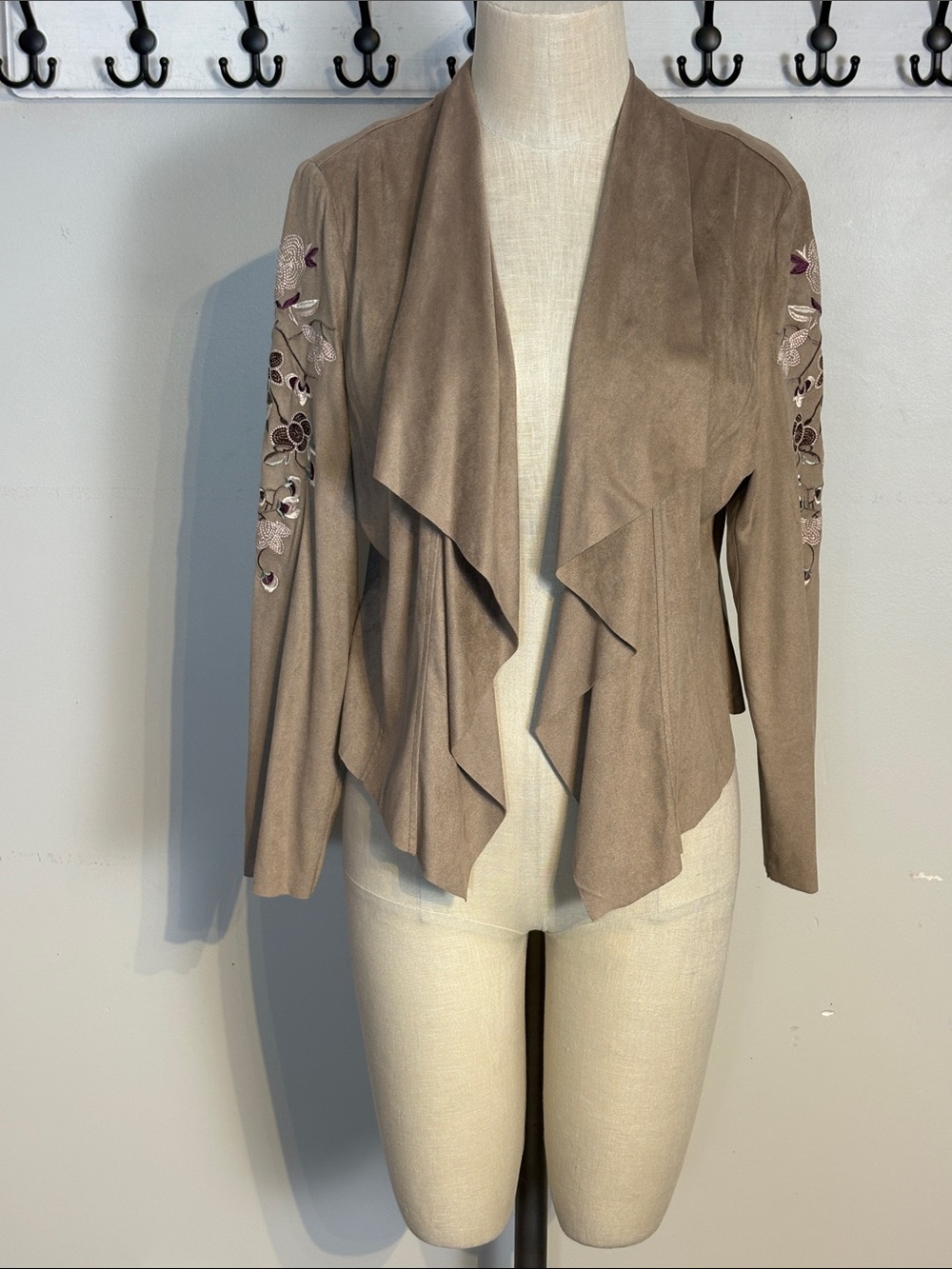 TanJay Taupe Draped Open-Front Blazer with Embroidered Sleeves
